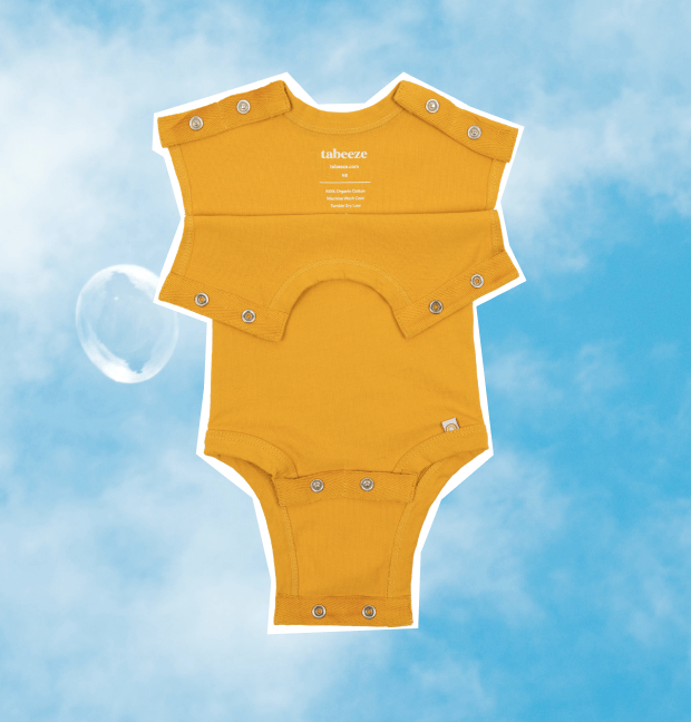 yellow-bottom-up-bodysuit-with-shoulder-snaps-against-a-blue-sky-backdrop,-designed-for-easy-dressing.