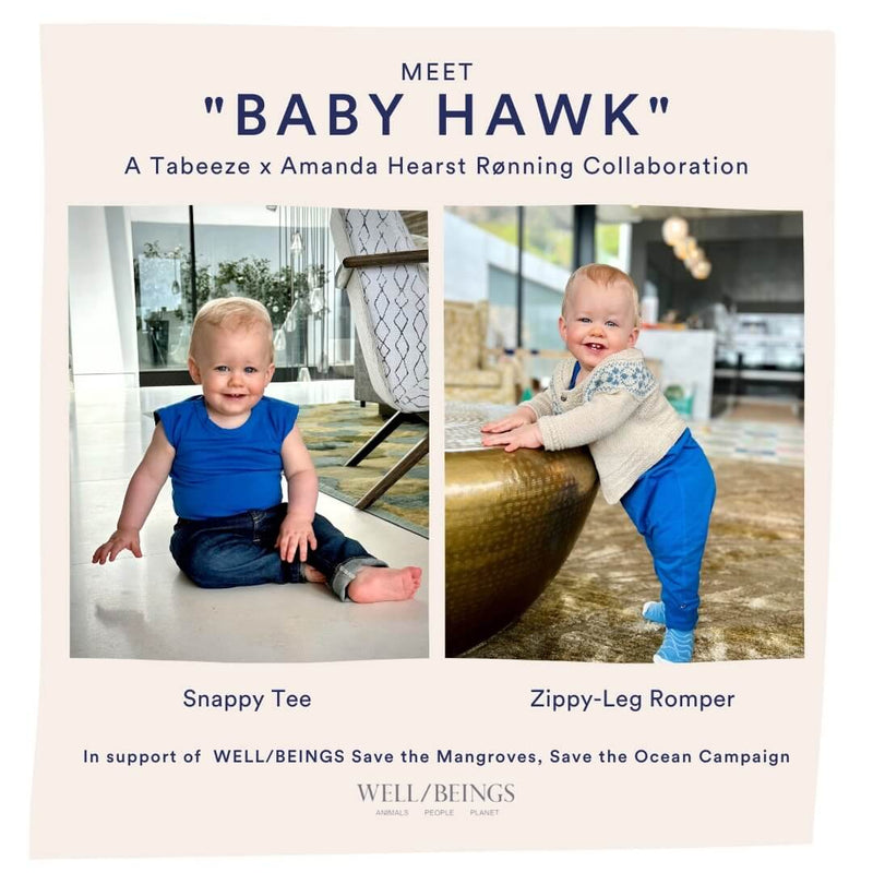Image of Baby Hawk in Snappy Tee and Zippy-Leg Romper, promoting WELL/BEINGS Save the Mangroves campaign.