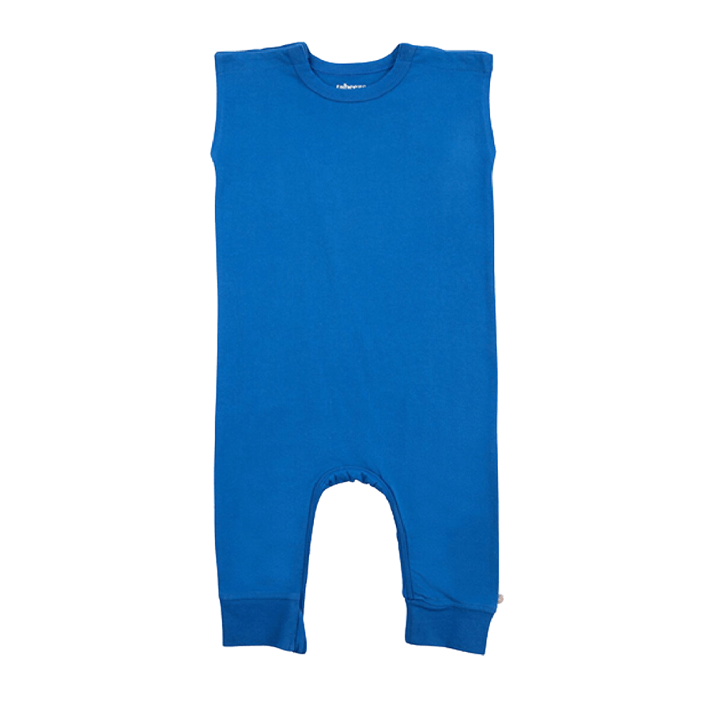 Zippy-Leg Romper in vibrant blue color with ankle-to-ankle zipper and snap shoulder design for easy outfit changes.