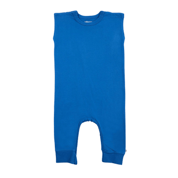 Zippy-Leg Romper in vibrant blue color with ankle-to-ankle zipper and snap shoulder design for easy outfit changes.