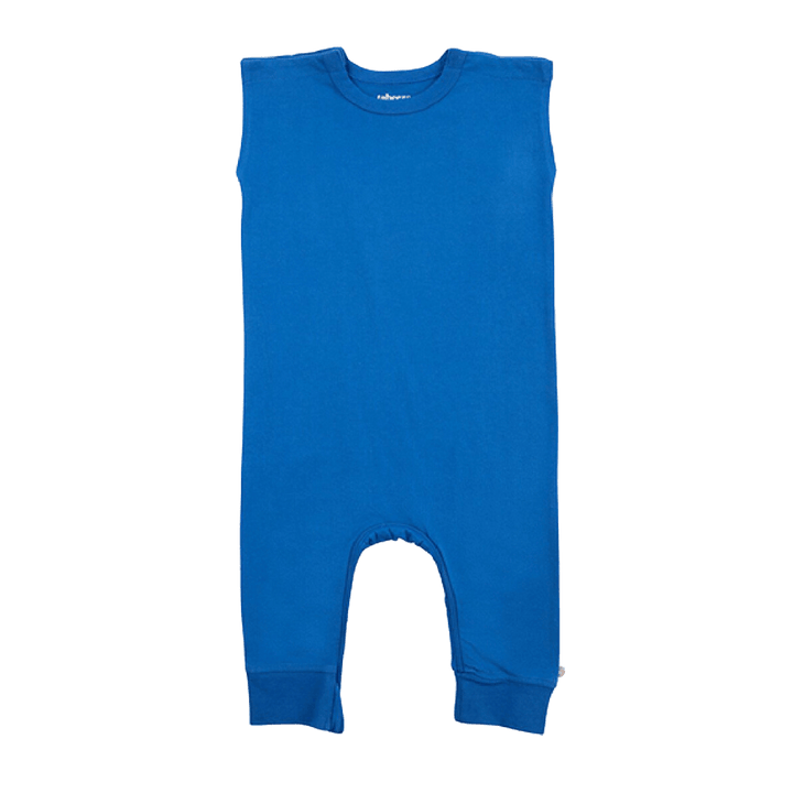 Zippy-Leg Romper in vibrant blue color with ankle-to-ankle zipper and snap shoulder design for easy outfit changes.