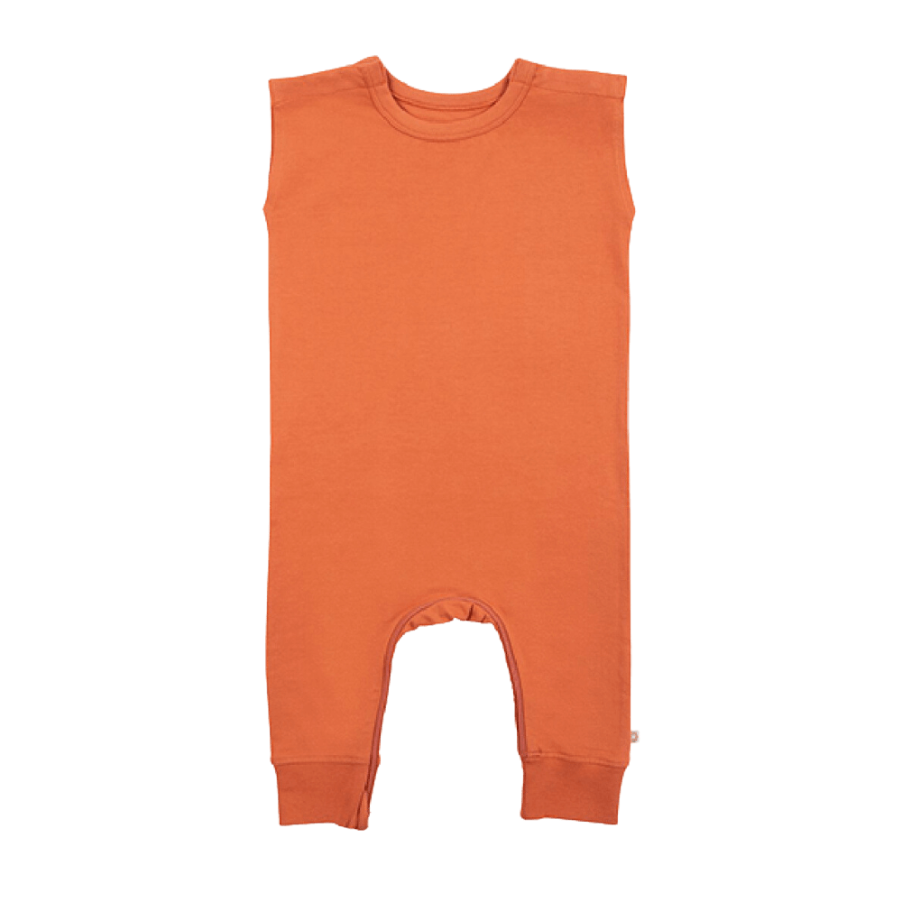 Zippy-Leg Romper in vibrant orange with ankle-to-ankle zipper and patented shoulder snaps for easy diaper changes.