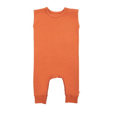 Zippy-Leg Romper in vibrant orange with ankle-to-ankle zipper and patented shoulder snaps for easy diaper changes.