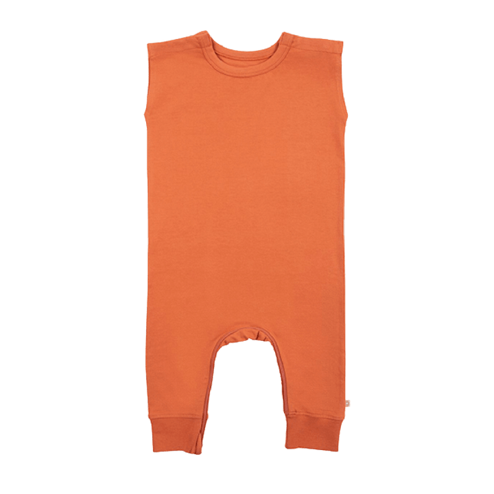 Zippy-Leg Romper in vibrant orange with ankle-to-ankle zipper and patented shoulder snaps for easy diaper changes.