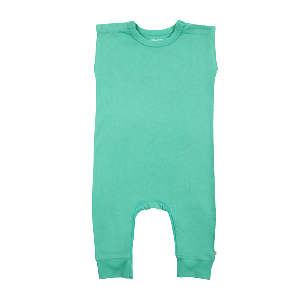 Zippy-Leg Romper in green, featuring ankle-to-ankle zipper and patented shoulder snaps for easy diaper changes.