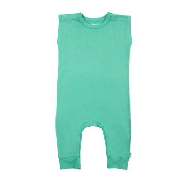 Zippy-Leg Romper in green, featuring ankle-to-ankle zipper and patented shoulder snaps for easy diaper changes.