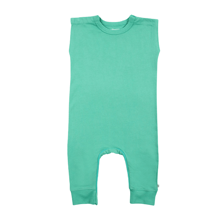 Zippy-Leg Romper in green, featuring ankle-to-ankle zipper and patented shoulder snaps for easy diaper changes.