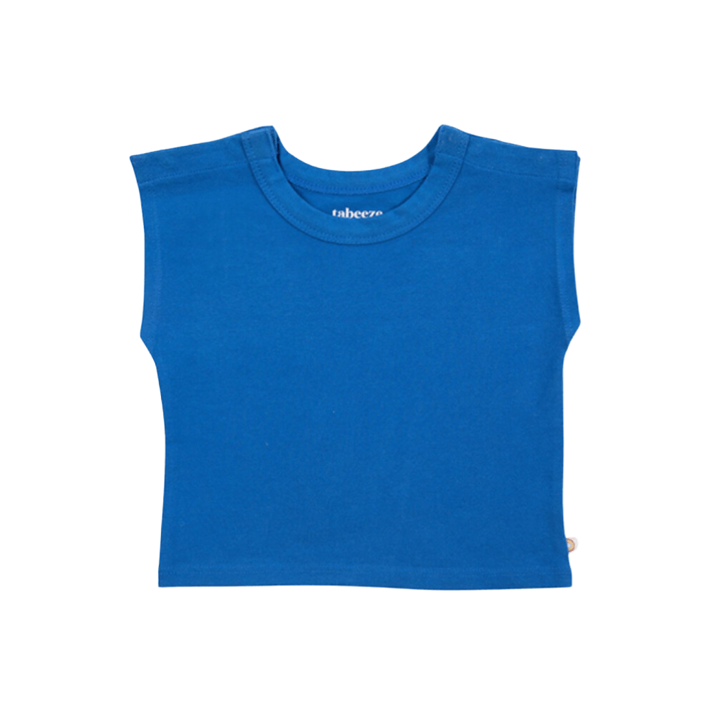 Snappy Tee in bright blue, featuring patented shoulder snaps for easy dressing for babies and toddlers.