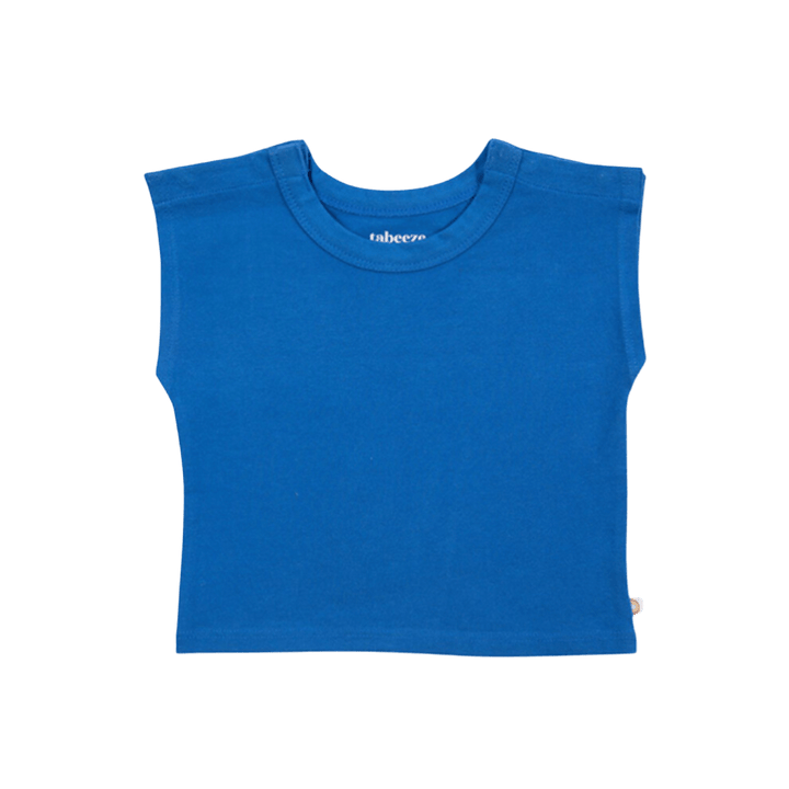 Snappy Tee in bright blue, featuring patented shoulder snaps for easy dressing for babies and toddlers.