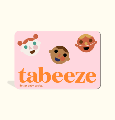 Tabeeze gift card featuring playful baby faces and the slogan "Better baby basics"
